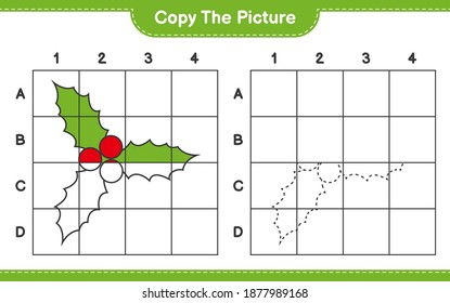 Kopieren Sie das Bild und kopieren Sie das Bild von Holly Berries mithilfe von Rasterlinien. Kinderspiel, druckbares Arbeitsblatt, Vektorgrafik