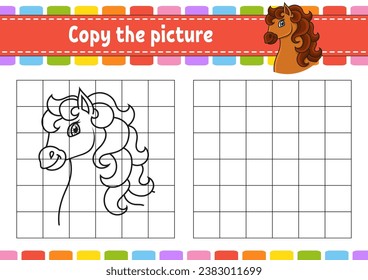 Copy the picture. Horse animal. Coloring book pages for kids. Education developing worksheet. Game for children. Handwriting practice. Coon character.