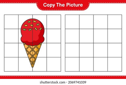 Copy the picture, copy the picture of Ice Cream using grid lines. Educational children game, printable worksheet, vector illustration
