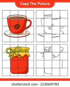 Copy the picture, copy the picture of Jam and Coffee Cup using grid lines. Educational children game, printable worksheet, vector illustration