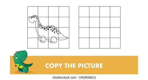 Copy the picture. Kids educational game with dino. Cute dinosaur cartoon vector illustration.