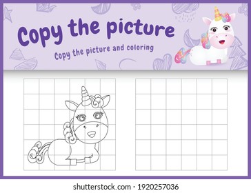 copy the picture kids game and coloring page with a cute unicorn character illustration
