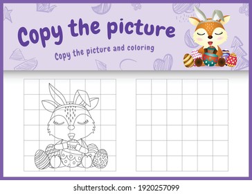 copy the picture kids game and coloring page themed easter with a cute deer using bunny ears headbands hugging eggs