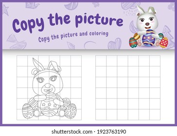 copy the picture kids game and coloring page themed easter with a cute polar bear using bunny ears headbands hugging eggs