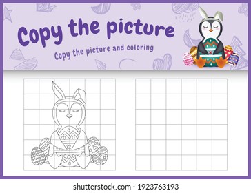 copy the picture kids game and coloring page themed easter with a cute penguin using bunny ears headbands hugging eggs