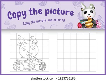 copy the picture kids game and coloring page themed easter with a cute panda using bunny ears headbands hugging eggs