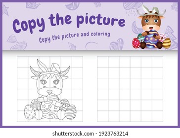 copy the picture kids game and coloring page themed easter with a cute buffalo using bunny ears headbands hugging eggs