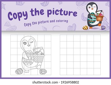 copy the picture kids game and coloring page themed easter with a cute penguin holding the bucket egg and easter egg