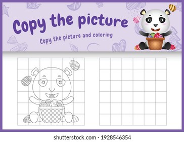 copy the picture kids game and coloring page themed easter with a cute panda and bucket egg