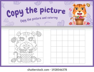 copy the picture kids game and coloring page themed easter with a cute tiger and bucket egg