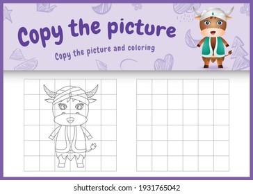 copy the picture kids game and coloring page themed ramadan with a cute buffalo using arabic traditional costume