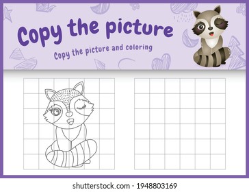 copy the picture kids game and coloring page with a cute raccoon character illustration