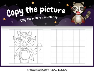 copy the picture kids game and coloring page with a cute raccoon using halloween costume