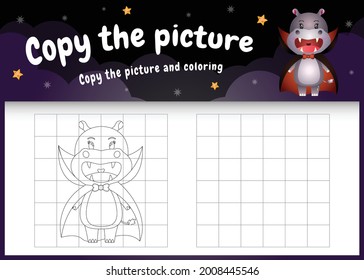 copy the picture kids game and coloring page with a cute hippo using halloween costume