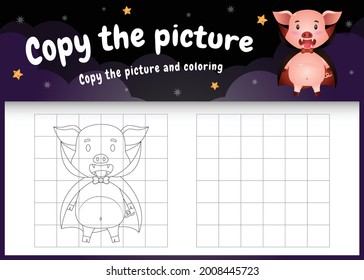 copy the picture kids game and coloring page with a cute pig using halloween costume