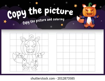 copy the picture kids game and coloring page with a cute fox using halloween costume