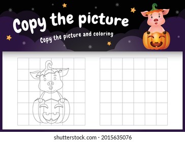 copy the picture kids game and coloring page with a cute pig using halloween costume
