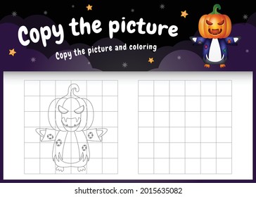copy the picture kids game and coloring page with a cute penguin using halloween costume