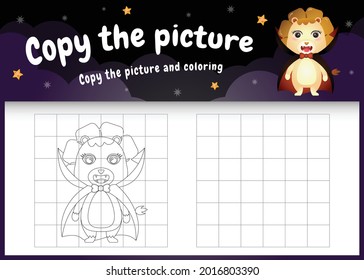 copy the picture kids game and coloring page with a cute lion using halloween costume