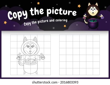 copy the picture kids game and coloring page with a cute husky dog using halloween costume