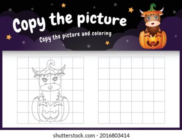 copy the picture kids game and coloring page with a cute buffalo in the halloween pumpkin