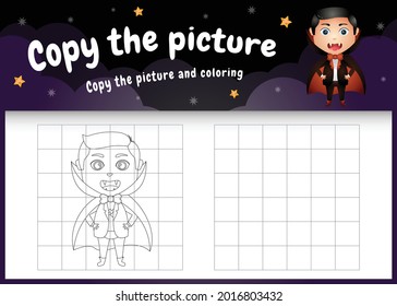 copy the picture kids game and coloring page with a cute boy using halloween costume