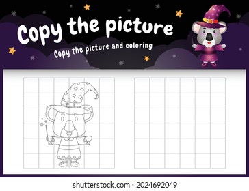 copy the picture kids game and coloring page with a cute koala using halloween costume