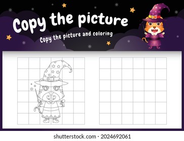 copy the picture kids game and coloring page with a cute tiger using halloween costume