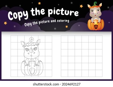 copy the picture kids game and coloring page with a cute rhino using halloween costume