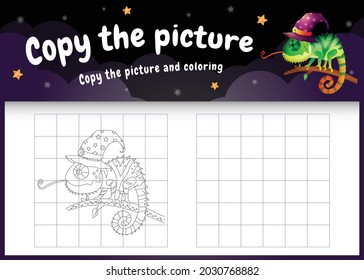 copy the picture kids game and coloring page with a cute chameleon using halloween costume