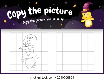 copy the picture kids game and coloring page with a cute chick using halloween costume