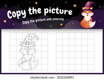 copy the picture kids game and coloring page with a cute fox using halloween costume