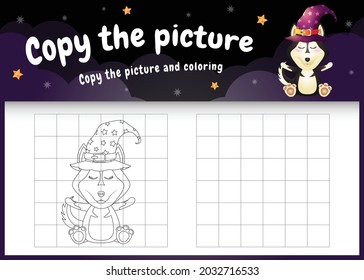 copy the picture kids game and coloring page with a cute husky dog using halloween costume