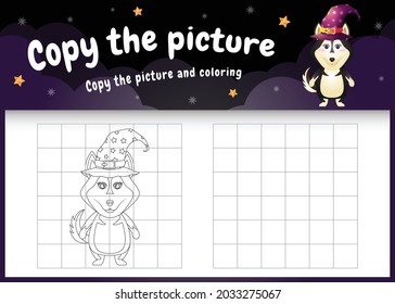 copy the picture kids game and coloring page with a cute husky dog using halloween costume