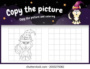 copy the picture kids game and coloring page with a cute husky dog using halloween costume