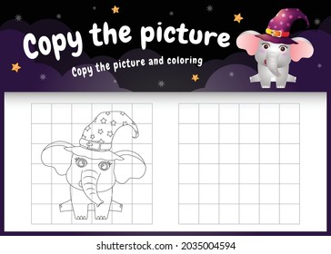 copy the picture kids game and coloring page with a cute elephant using halloween costume