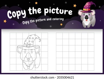 copy the picture kids game and coloring page with a cute koala using halloween costume