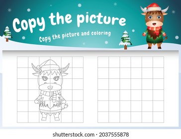 copy the picture kids game and coloring page with a cute buffalo using christmas costume