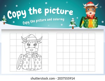 copy the picture kids game and coloring page with a cute buffalo using christmas costume