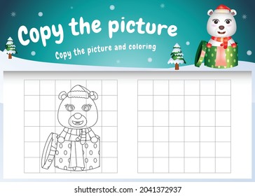 copy the picture kids game and coloring page with a cute polar bear using christmas costume