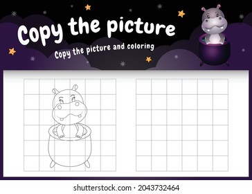 copy the picture kids game and coloring page with a cute hippo using halloween costume