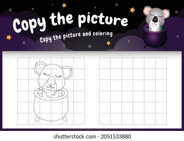 copy the picture kids game and coloring page with a cute koala using halloween costume
