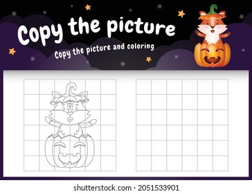 copy the picture kids game and coloring page with a cute fox using halloween costume