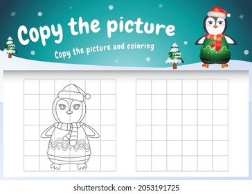 Copy the picture kids game and coloring page with a cute penguin using christmas costume