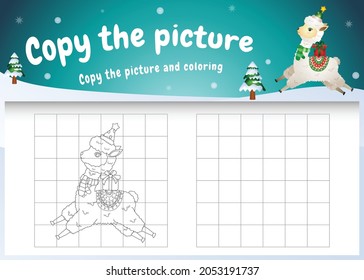 Copy the picture kids game and coloring page with a cute alpaca using christmas costume