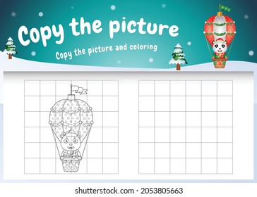 copy the picture kids game and coloring page with a cute panda on hot air balloon