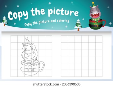 copy the picture kids game and coloring page with a cute hippo on the cup