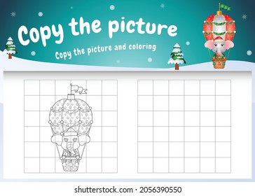 copy the picture kids game and coloring page with a cute elephant on hot air balloon