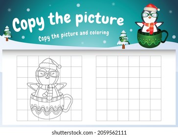 copy the picture kids game and coloring page with a cute penguin on the cup