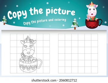copy the picture kids game and coloring page with a cute unicorn on the cup